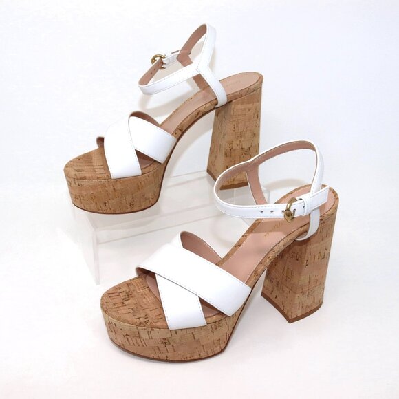 Gianvito Rossi 37.5 NEW With Box Nappa White Leather & Cork Bebe Sandal Heels - Picture 11 of 13